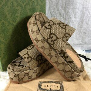 NEW Gucci Angelina GG Canvas Platform Slide Sandals in Beige Brown